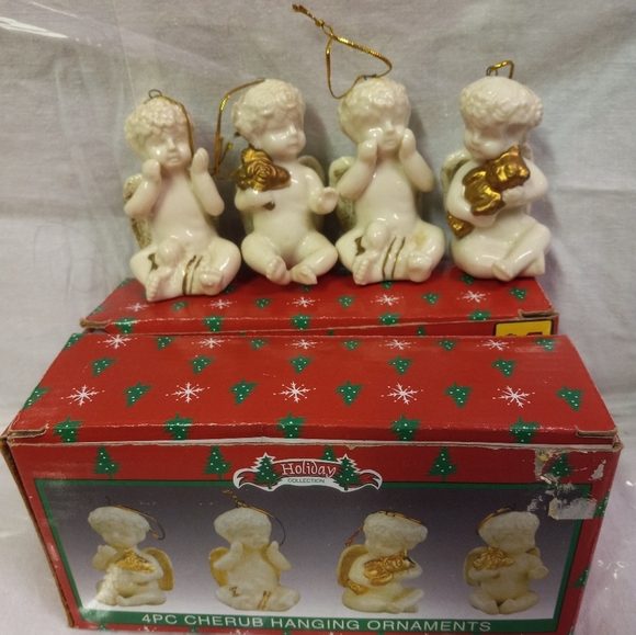 Vintage 3-Sets 12 Cherubs Handpainted Porcelian Ceramic Ornaments Cream/Gold 3" - Picture 1 of 6